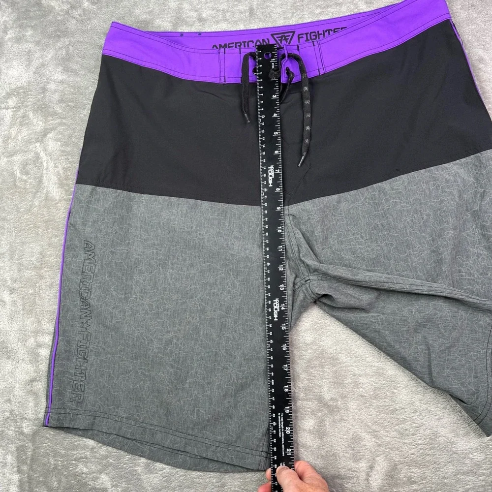 American Fighter Board Shorts Men 36 Grey Black Purple Patterned Swim Trunks 10